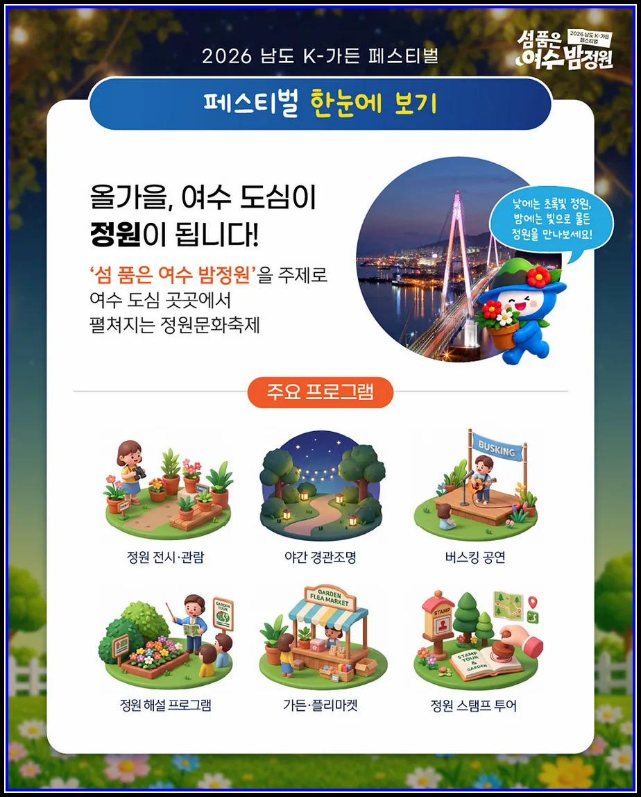 문화(여행) 기사 여수의 밤, 정원으로 물들다… ‘2026 남도 K-가든 페스티벌’ 11일 개막 대표이미지