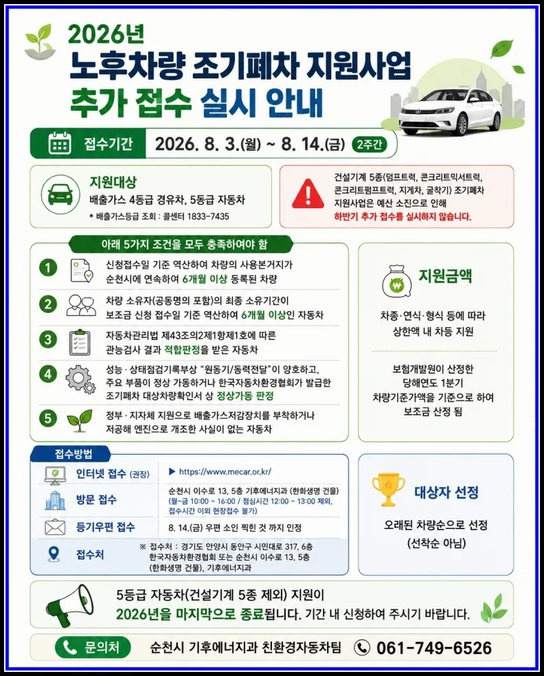 순천시, 2026년 조기폐차 지원사업 추가 접수 시작